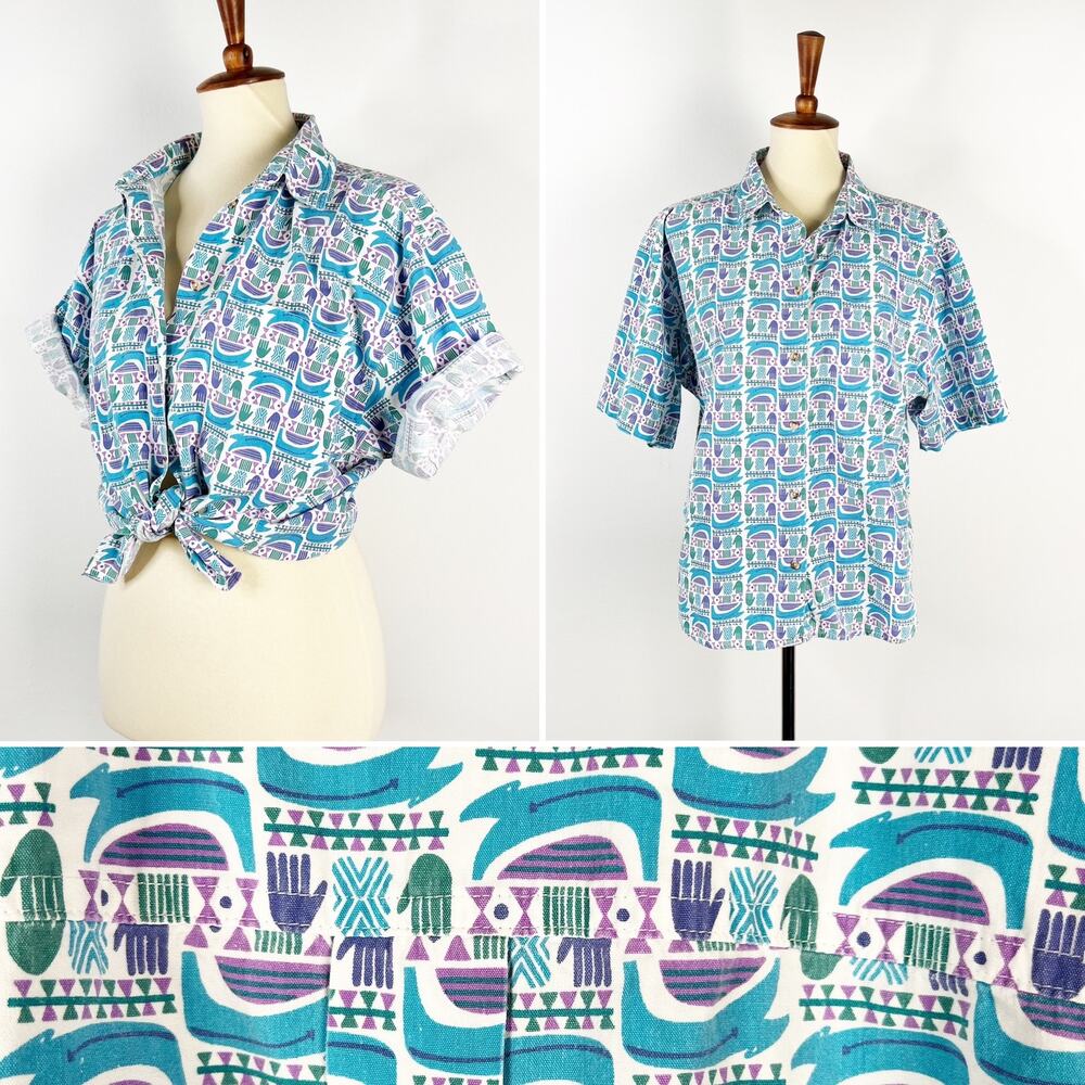 Vintage womens short sleeve button up shirt polynesian tiki blue pink Size Large